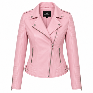 Chaqueta de Motociclista de Cuero Sintético Rosa para Mujer KP International, Cierre de Cremallera, Cuello Alto, Estilo Otoñal - Product Image 1