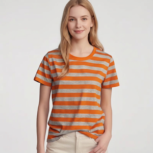 <b>Women's</b> Orange Gray Striped Crew Neck Short Sleeve <b>T</b>-<b>Shirt</b> Regular Fit Knitted Cotton Casual Spring Summer Top Spring Bangladesh - Product Image 4