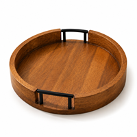 Plateau de service classique en bois naturel |   Table de repas multifonctionnelle pour mariage, thé, café et collations, avec poignées en métal noir et rebord surélevé