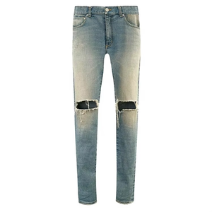 Jeans en denim noir et bleu déchirés à trous, coupe droite, tricotés, délavés moyennement, pour hommes, design de mode personnalisé, été - Product Image 4