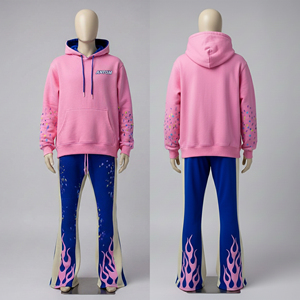Conjunto de Sudadera con Capucha Rosa Personalizada y Pantalones Deportivos Anchos con Estampado de Llamas y Grafiti, Ropa Deportiva Urbana para Hombre y Mujer - Product Image 4