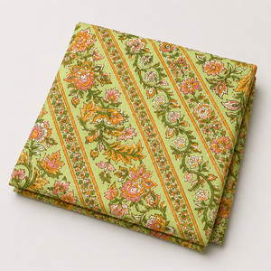 Tela de algodón estampada a mano con motivos florales en verde menta y rayas botánicas en naranja y rosa, textil suave y transpirable para kurti. - Product Image 2