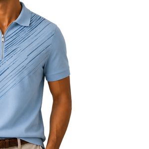 Polo Azul Claro para Hombre con Cierre, Estampado Diagonal, Manga Corta, Lujoso, Casual, Verano, Mezcla de Algodón, Diseño Personalizado, Camisa de Golf - Product Image 4