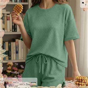 Conjunto de Camiseta y Pantalones Cortos de Punto Waffle para Mujer, Ropa Casual Holgada de Dos Piezas, Venta al Por Mayor - Product Image 4
