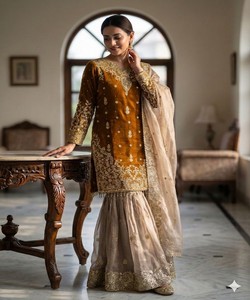 Women Boutique Style Sharara <b>Kurti</b> Dupatta Set Elegant Festival Wedding Wear Outfit Yellow Salwar Kameez Set Modest wear 83087 - Product Image 2
