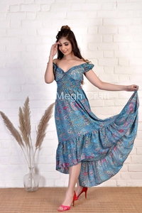 Recycled Silk Boho High Low <b>Maxi</b> <b>Dress</b> for Women V Neck Off Shoulder Styling Casual Party <b>Dress</b> Wholesale Bulk Export - Product Image 3