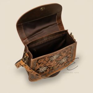 Western Genuine Leather Floral Tooled Crossbody <b>Bag</b> Cowgirl Handbag Tooled Handle Women OEM Custom Leather <b>Bag</b> - Product Image 4