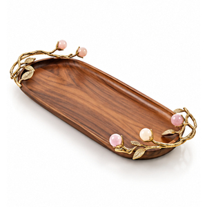 Bandeja de Servir Ovalada de Madera de Lujo con Asas de Latón con Diseño de Ramas Botánicas Doradas, Bandeja Decorativa Artesanal Premium de Madera de Acacia para Mesa de Centro - Product Image 1