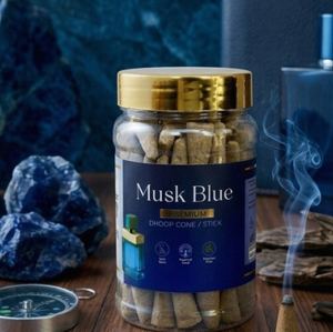 Encens en cône Sellease Musk Blue Dhoop dans un bocal en verre avec couvercle doré, matériau en bambou écologique et biologique, parfumé et aromatique - Product Image 2