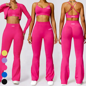 <b>Women</b> High Waist Flared Leg <b>Yoga</b> Set Solid Color Breathable Seamless 2 Piece Sportswear Top And <b>Pants</b> - Product Image 3
