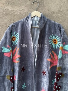 <b>Women's</b> Gray <b>Velvet</b> Long <b>Coat</b> Stand Collar Zipper Up Winter Jacket Embroidered Floral Bird Star Pattern Drop Shoulder - Product Image 4