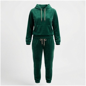 Women Green <b>Velvet</b> Hooded <b>Tracksuit</b> Set Full Sleeve Solid Color Casual Jogger Pants With Drawstring Autumn Wear - Product Image 1