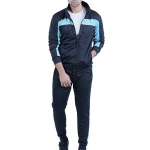 Survêtement pour homme noir et bleu à blocs de couleur, fermeture éclair intégrale, col montant, coupe classique, tenue sportive d'automne avec poches latérales - Product Image 3