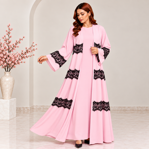 ALRESHA <b>Pink</b> Lace Panel Breathable Embroidered A-Line <b>Abaya</b> Plus Size Muslim Women Lantern Sleeve Maxi Dress Modest Floor Length - Product Image 2
