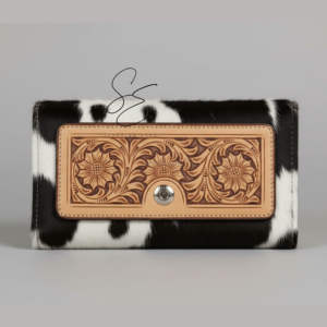Cartera de mano de cuero negro repujado para mujer, estilo vaquero occidental, con pelo de vaca, personalizada OEM - Product Image 1