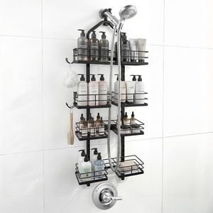 Portaoggetti da doccia a 4 livelli regolabile in acciaio inossidabile con soffione doccia a mano per organizzare gli scaffali del bagno - Product Image 1
