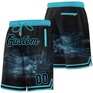 Shorts de basketball personnalisés pour hommes, impression par sublimation, séchage rapide, cordon de serrage, style sportif, noir et bleu, numéro 00, logo sur le devant - Product Image 3