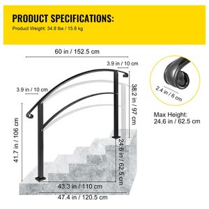 Ringhiere in Ferro Battuto Nero per Gradini Esterni da 1 a 5 Gradini, Ringhiera Flessibile per Portico, Dispositivi di Assistenza per Esterni - Product Image 4