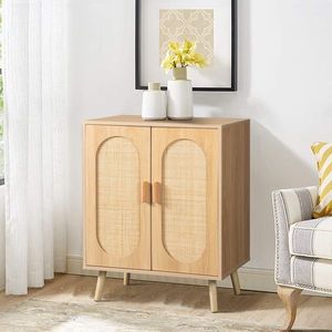 Mobiletto Portascarpe in Quercia e Rattan con Ripiani Regolabili e Doppia Anta per Soggiorno, Camera da Letto, Corridoio - Product Image 2