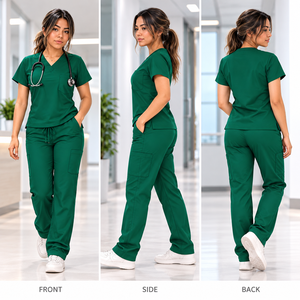 ชุดสครับสีเขียวคอวีแขนสั้นสำหรับผู้หญิง ชุดยูนิฟอร์มทางการแพทย์ 2 ชิ้น เสื้อและกางเกงคาร์โก้เอวยางยืด - Product Image 3