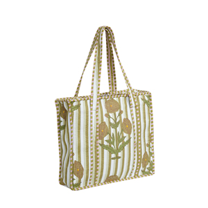 Bohemian Printed Cotton Tote <b>Bag</b> Striped Floral Pattern Zipper Top Eco-Friendly Washable Durable Lightweight Quilted Design - Product Image 2