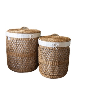 Set Of 2 Seagrass <b>Laundry</b> <b>Basket</b> with Lid Lined <b>Woven</b> Hamper Handmade Natural <b>Laundry</b> Storage Home Organization Made In Vietnam - Product Image 1
