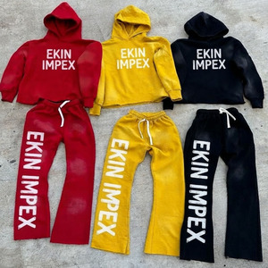Custom Logo Streetwear Tracksuit <b>Men</b> Heavyweight Fleece Hoodie and Flared Sweatpants Set Wholesale Vintage Acid Wash Joggers - Product Image 4
