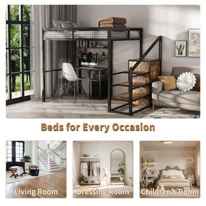 Lit mezzanine pleine grandeur pour adultes/adolescents Cadre en métal lourd Noir Escalier intégré Étagères de rangement Armoire de bureau Lit à sortie USB - Product Image 2
