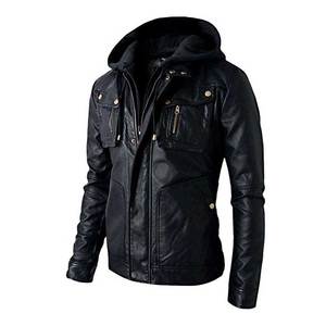 Men's Black PU Leather Hooded <b>Jacket</b> Moto <b>Biker</b> Style Zipper Closure Slim Fit Solid Color Autumn Wear - Product Image 2