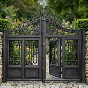 Luxury Black Wrought Iron Double <b>Swing</b> Main Gate with Built In Pedestrian Door Decorative Entrance Gate for Villa Home - Product Image 5