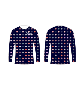 เสื้อเจอร์ซีย์แขนยาวแบบสั่งทำพิเศษ น้ำหนักเบา สำหรับนักกีฬา ลายจุดสีน้ำเงินเข้มและหลากสี  จำหน่ายเสื้อผ้าจำนวนมาก - Product Image 1