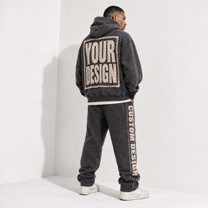 Ensemble de survêtement noir à capuche pour homme, impression de logo personnalisé, sweat-shirt et pantalon à manches longues, style streetwear, coupe ample, 100% coton, vêtements d'automne - Product Image 2