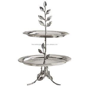 Hammered Stainless Steel Dessert Fruits Cupcake Pastry Serving Trays & <b>Plates</b> 2 Tier Cake Stand Leaf Pillar Design For Parties - Product Image 1
