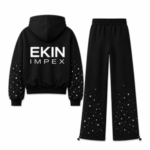EKIN IMPEX Conjunto de Sudadera Premium de Peso Pesado con Estrellas de Diamantes de Imitación Negros, 2 Piezas: Sudadera con Capucha Corta de Corte Holgado y Dobladillo Ajustable con Cierre de Cordón - Product Image 2