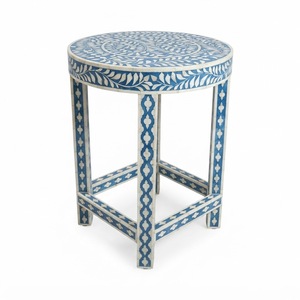 Tabouret classique bleu en os incrusté, motif floral, table d'appoint ronde pour salon, décoration intérieure, vente en gros, fabricant sur mesure - Product Image 1