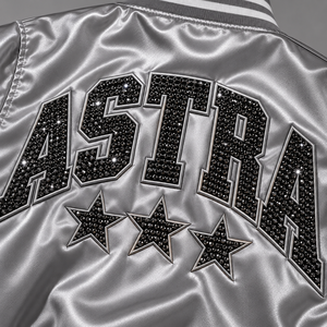 Astra <b>Sequin</b> Varsity <b>Jacket</b> <b>Men's</b> Silver Satin Zipper Closure Back Letter Design Preppy Style Autumn Wear - Product Image 4
