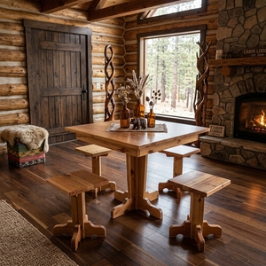 Table à manger carrée rustique en bois massif avec 4 tabourets, base sur piétement, artisanale, pour cuisine, coin petit-déjeuner ou salle à manger - Product Image 5