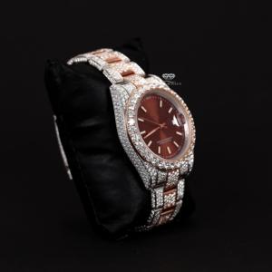 Montre de luxe pour homme, entièrement sertie de diamants Moissanite, cadran marron, acier inoxydable rose, style Hip Hop Bling - Product Image 3
