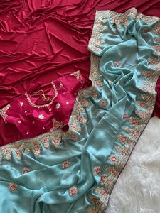 Sari en soie Fandy riche en nylon avec broderie dorée Dori et sequins, sari de luxe en soie Fandy avec bordure richement brodée - Product Image 4