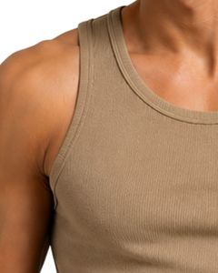 Débardeur côtelé kaki personnalisé pour homme, coupe ajustée, sans manches, en coton, pour la gym, décontracté, d'été, athlétique, sous-vêtement moulant - Product Image 3