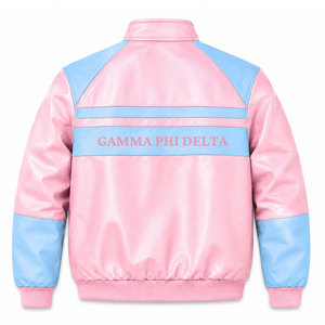 Gamma Phi Delta Sorority Gamma Girl Pink Varsity <b>Racing</b> <b>Jacket</b> PU Leather Zipper Front Letter Sleeve <b>Racing</b> Women's <b>Jacket</b> - Product Image 6