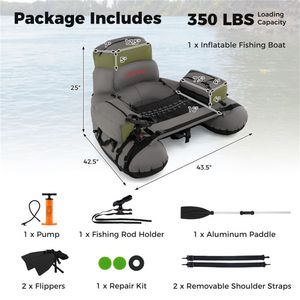 Bouée de pêche gonflable 350 lbs avec 2 chambres à air, porte-canne et règle de mesure verte + grise - Product Image 3