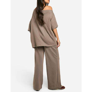 Custom Women's Off Shoulder T Shirt and Wide Leg Pants <b>Set</b> 100% Cotton <b>Lounge</b> Wear Casual Two Piece Outfit OEM - Product Image 6