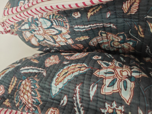 Dark Blue Floral Block Printed Eco-Friendly Durable Cotton Zipper <b>Makeup</b> <b>Case</b> Indian Travel Cosmetic Organizer Kit - Product Image 6