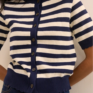 <b>Women</b> Striped Knit <b>Cardigan</b> Short Sleeve O-Neck <b>Button</b> Front 100% Cotton Nautical Style All Seasons Regular Fit - Product Image 5