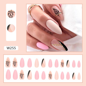 <span class=keywords><strong>Uñas</strong></span> Postizas Color Rosa Mate en Forma de Almendra, de Longitud Media, <span class=keywords><strong>con</strong></span> Purpurina Dorada, Resistentes al Agua, 24 Piezas, en Oferta - Product Image 2
