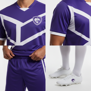Uniforme de Fútbol Personalizado Premium Morado y Blanco - Conjunto Deportivo Transpirable de Malla 100% Poliéster con Logotipo Frontal Impreso por Transferencia Térmica - Product Image 4