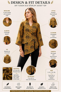 Yellow Madhubani Print Tusser Silk Overlap Jacket l Mustard Floral Printed <b>Tunic</b> Top - Product Image 6