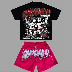 Vente en gros de haute qualité sérigraphie personnalisée hommes Vintage lavé acide lavage sweat shorts ensemble t-shirts et shorts pour hommes - Product Image 1