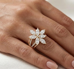 Anillo de Compromiso de Oro Sólido de 14K/18K, Oro Amarillo, con Forma de Marquesa, Diseño Floral, Joyería de Lujo para Mujer - Product Image 5